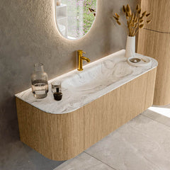 MONDIAZ KURVE-DLUX 130cm badmeubel ronding Links + Rechts kleur Oak met 1 lade en 2 deuren. Wastafel BIG SMALL Midden 1 kraangat Glace.