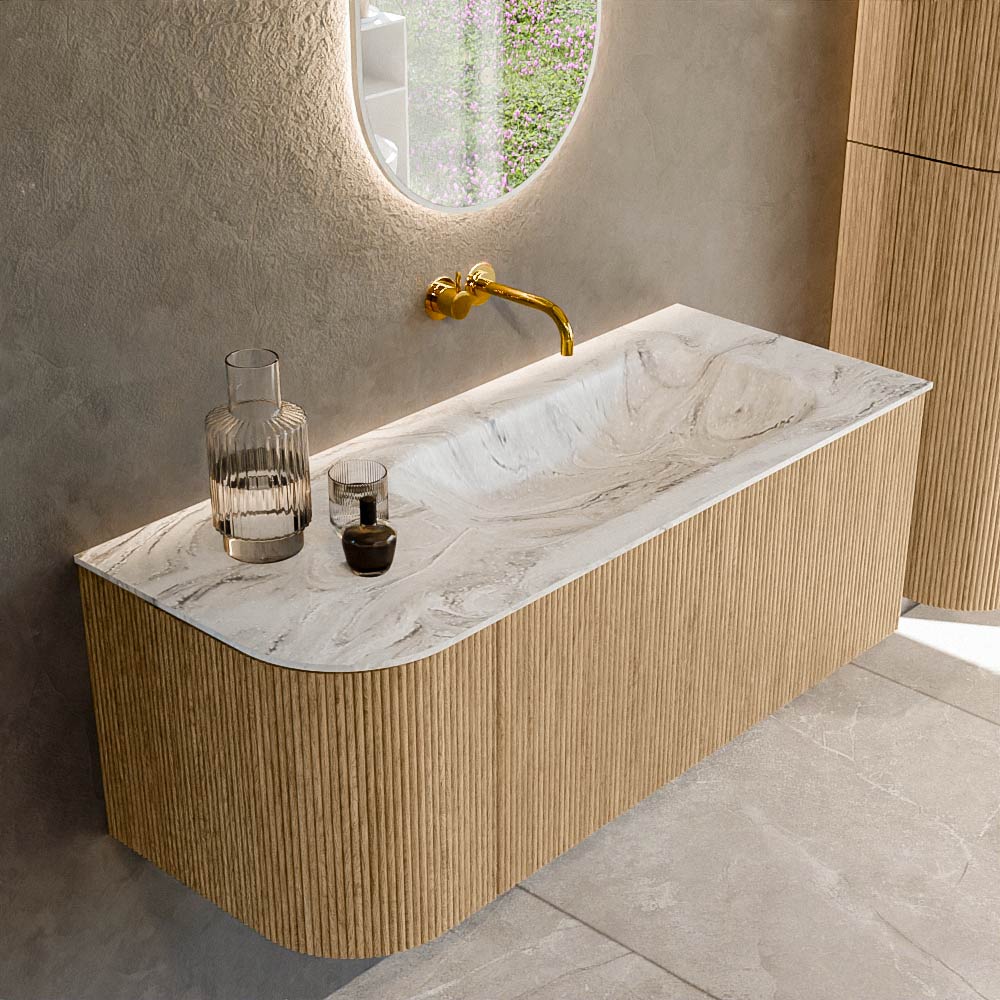 MONDIAZ KURVE-DLUX 115cm badmeubel ronding Links kleur Oak met 1 lade en 1 deur. Wastafel BIG SMALL Rechts zonder kraangat Glace.