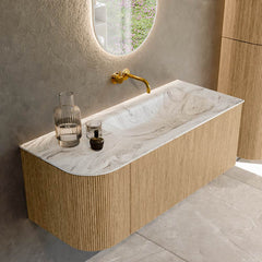 MONDIAZ KURVE-DLUX 115cm badmeubel ronding Links kleur Oak met 1 lade en 1 deur. Wastafel BIG SMALL Rechts zonder kraangat Glace.