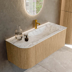 MONDIAZ KURVE-DLUX 115cm badmeubel ronding Links kleur Oak met 1 lade en 1 deur. Wastafel BIG SMALL Rechts 1 kraangat Glace.
