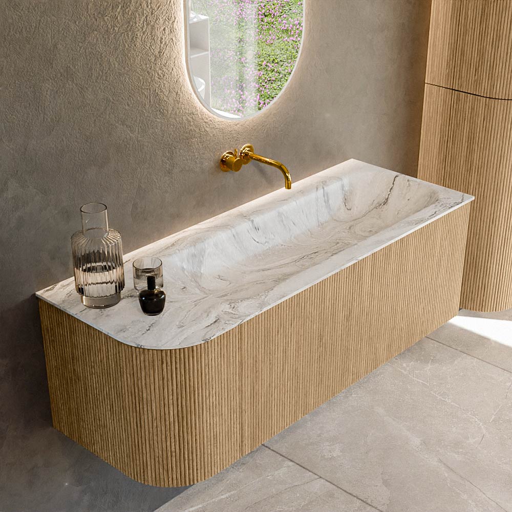 MONDIAZ KURVE-DLUX 125cm badmeubel ronding Links kleur Oak met 1 lade en 1 deur. Wastafel BIG MEDIUM Rechts zonder kraangat Glace.