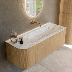 MONDIAZ KURVE-DLUX 125cm badmeubel ronding Links kleur Oak met 1 lade en 1 deur. Wastafel BIG MEDIUM Rechts zonder kraangat Glace.
