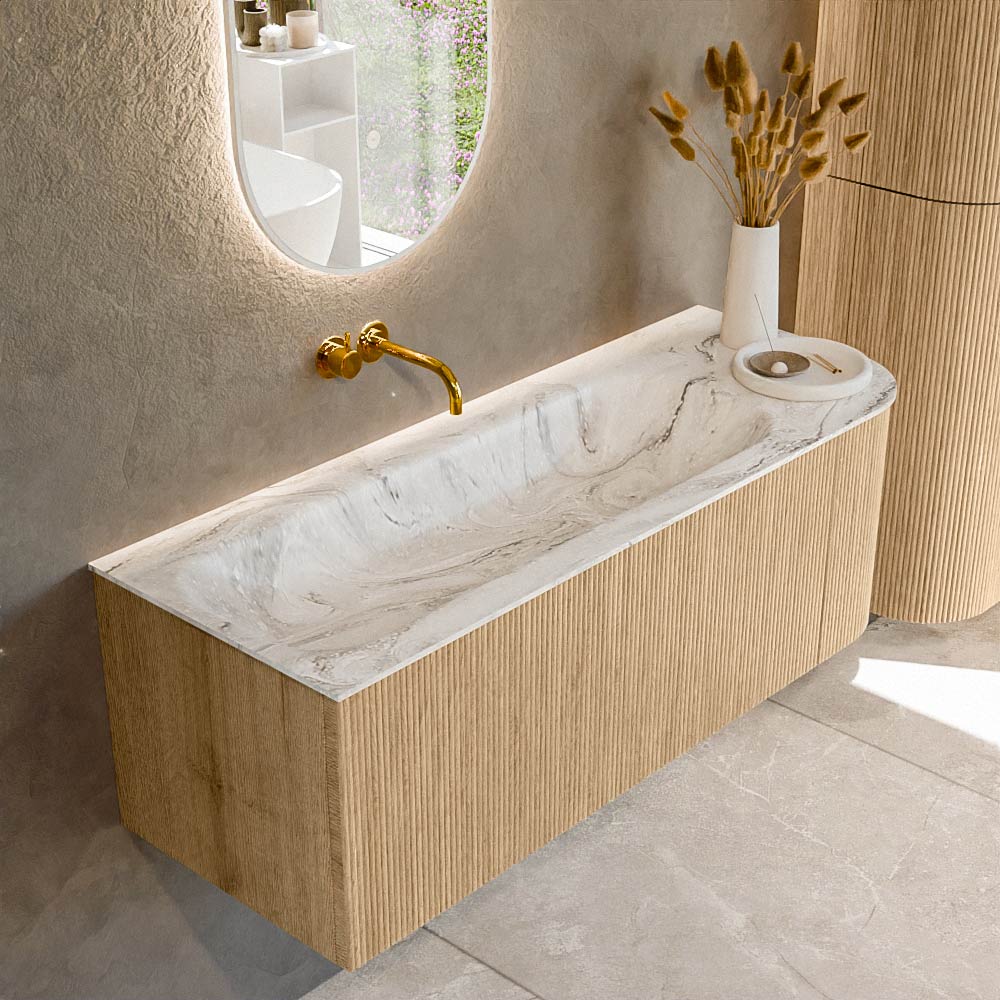 MONDIAZ KURVE-DLUX 125cm badmeubel ronding Rechts kleur Oak met 1 lade en 1 deur. Wastafel BIG MEDIUM Links zonder kraangat Glace.