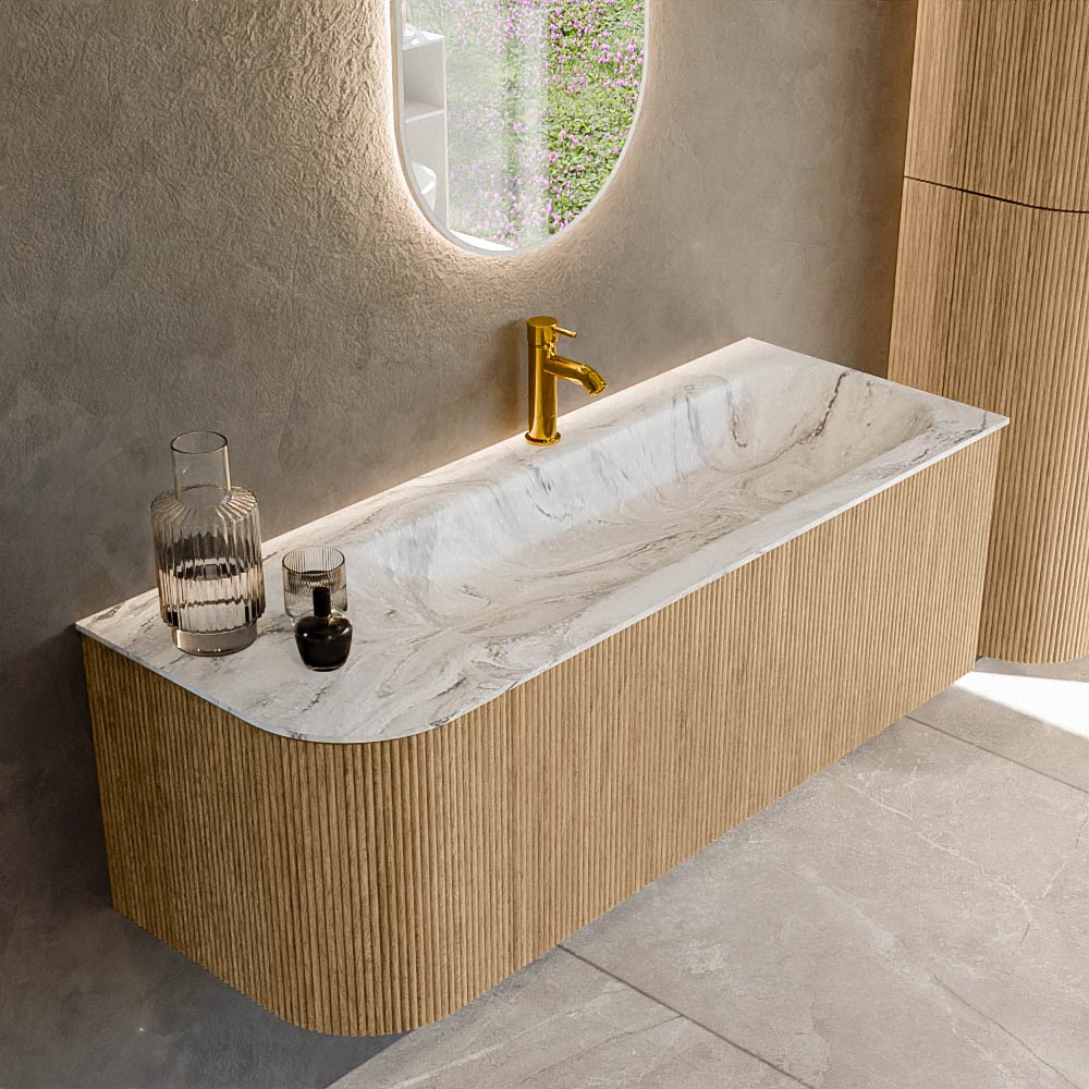 MONDIAZ KURVE-DLUX 125cm badmeubel ronding Links kleur Oak met 1 lade en 1 deur. Wastafel BIG MEDIUM Rechts 1 kraangat Glace.