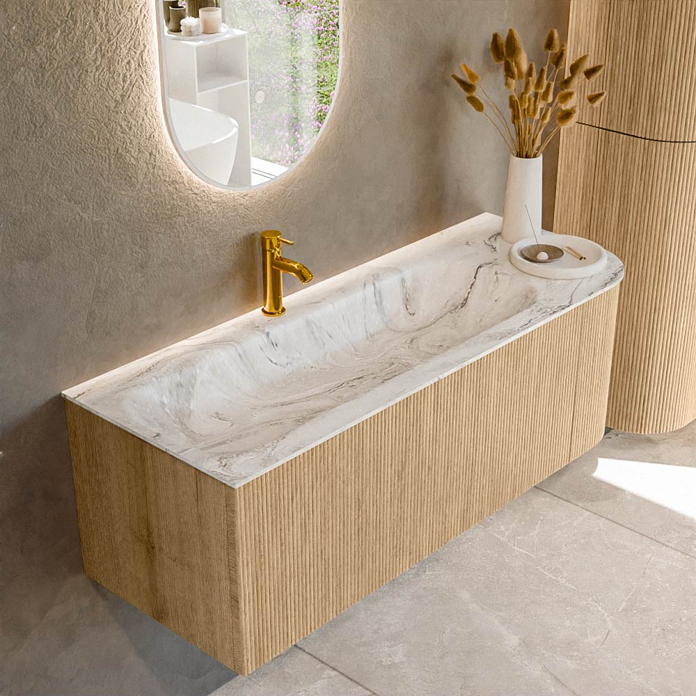 MONDIAZ KURVE-DLUX 125cm badmeubel ronding Rechts kleur Oak met 1 lade en 1 deur. Wastafel BIG MEDIUM Links 1 kraangat Glace.