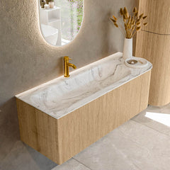 MONDIAZ KURVE-DLUX 125cm badmeubel ronding Rechts kleur Oak met 1 lade en 1 deur. Wastafel BIG MEDIUM Links 1 kraangat Glace.