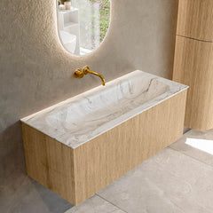 MONDIAZ KURVE-DLUX 110cm badmeubel kleur Oak met 1 lade en 0 deuren. Wastafel BIG MEDIUM Midden zonder kraangat Glace.