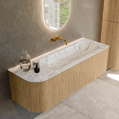 MONDIAZ KURVE-DLUX 135cm badmeubel ronding Links kleur Oak met 1 lade en 1 deur. Wastafel BIG MEDIUM Rechts zonder kraangat Glace.