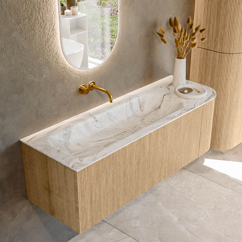 MONDIAZ KURVE-DLUX 135cm badmeubel ronding Rechts kleur Oak met 1 lade en 1 deur. Wastafel BIG MEDIUM Links zonder kraangat Glace.