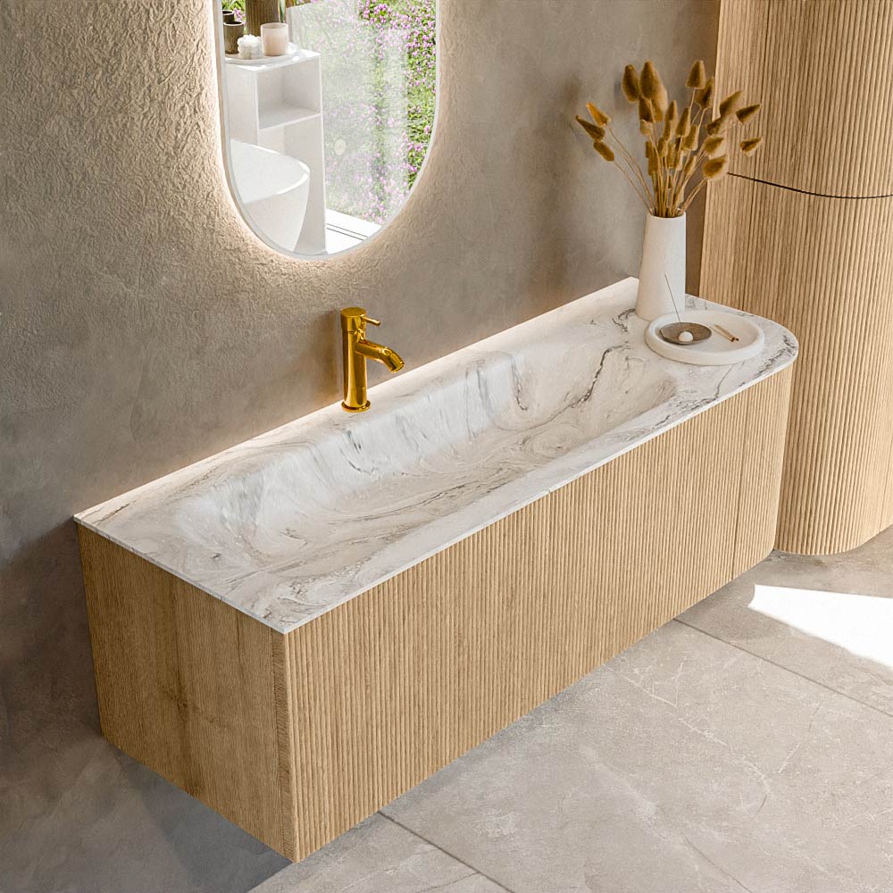 MONDIAZ KURVE-DLUX 135cm badmeubel ronding Rechts kleur Oak met 1 lade en 1 deur. Wastafel BIG MEDIUM Links 1 kraangat Glace.