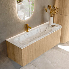 MONDIAZ KURVE-DLUX 135cm badmeubel ronding Rechts kleur Oak met 1 lade en 1 deur. Wastafel BIG MEDIUM Links 1 kraangat Glace.