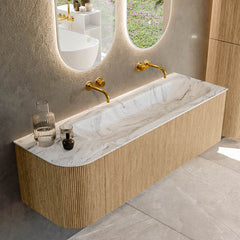 MONDIAZ KURVE-DLUX 145cm badmeubel ronding Links kleur Oak met 1 lade en 1 deur. Wastafel BIG LARGE Rechts zonder kraangat Glace.
