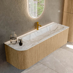 MONDIAZ KURVE-DLUX 145cm badmeubel ronding Links kleur Oak met 1 lade en 1 deur. Wastafel BIG LARGE Rechts 1 kraangat Glace.