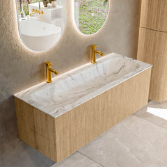 MONDIAZ KURVE-DLUX 120cm badmeubel kleur Oak met 1 lade en 0 deuren. Wastafel BIG LARGE Midden 2 kraangaten Glace.