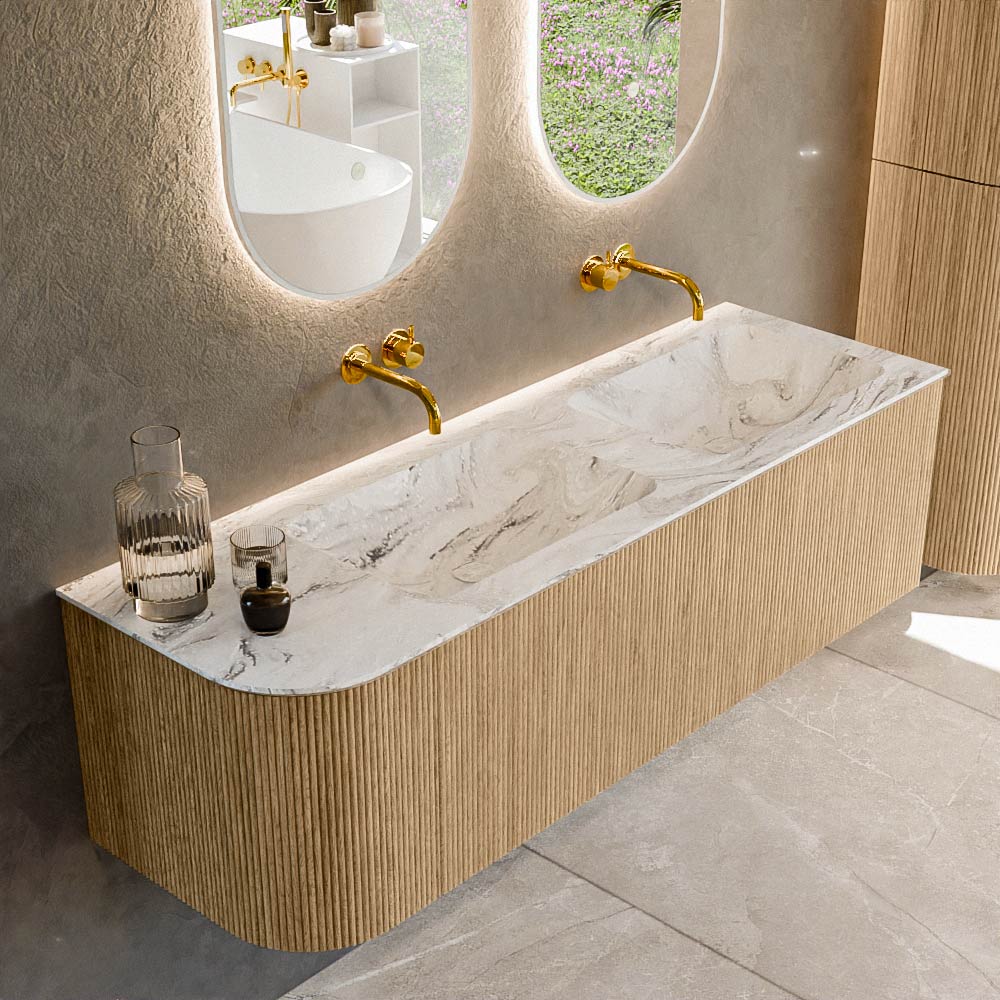 MONDIAZ KURVE-DLUX 145cm badmeubel ronding Links kleur Oak met 1 lade en 1 deur. Wastafel LEAF Dubbel / Rechts zonder kraangat Glace.