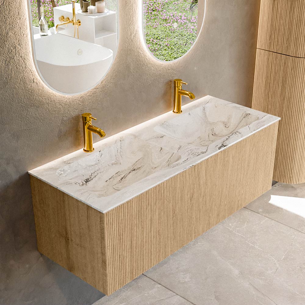 MONDIAZ KURVE-DLUX 120cm badmeubel kleur Oak met 1 lade en 0 deuren. Wastafel LEAF Dubbel 2 kraangaten Glace.