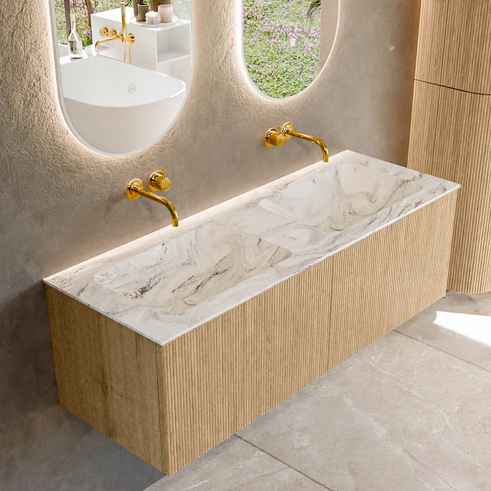 MONDIAZ KURVE-DLUX 130cm badmeubel kleur Oak met 2 lades en 0 deuren. Wastafel LEAF Dubbel zonder kraangat Glace.