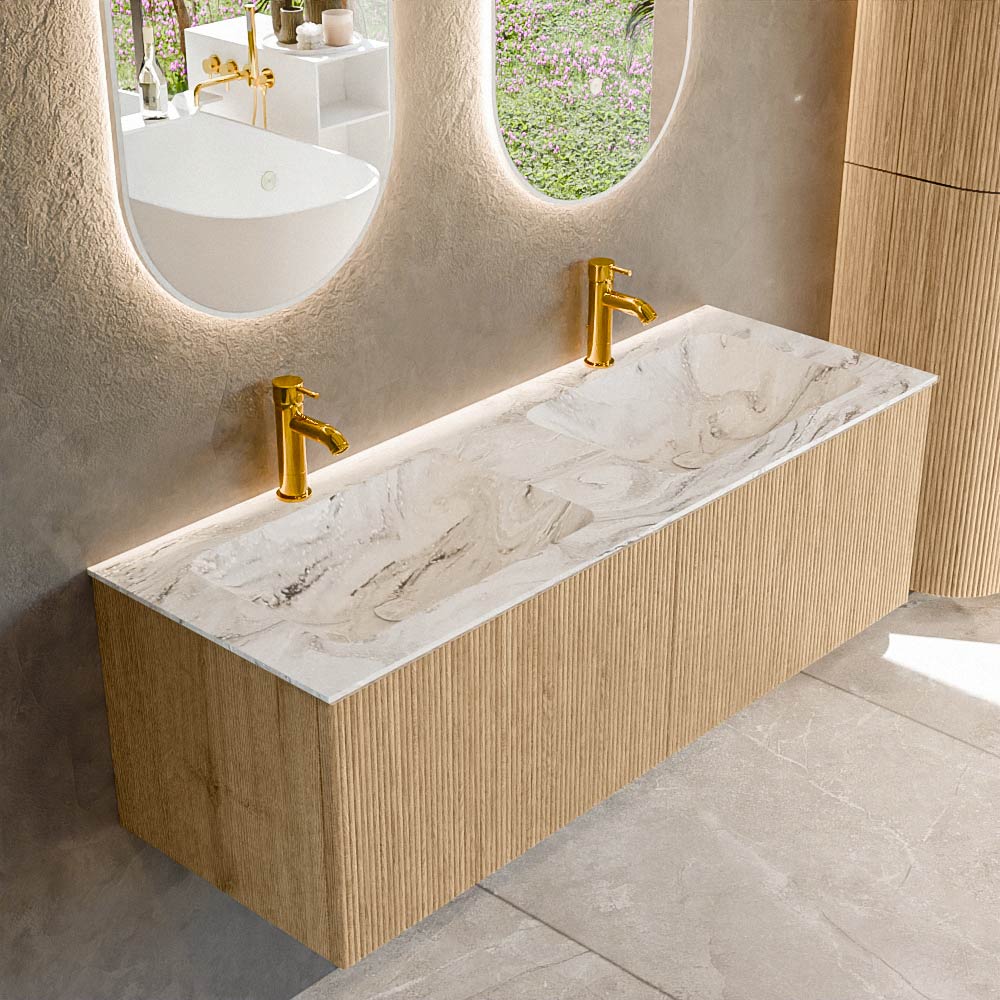 MONDIAZ KURVE-DLUX 130cm badmeubel kleur Oak met 2 lades en 0 deuren. Wastafel LEAF Dubbel 2 kraangaten Glace.
