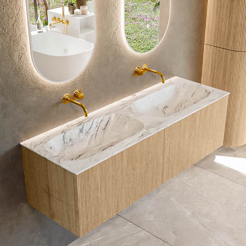 MONDIAZ KURVE-DLUX 140cm badmeubel kleur Oak met 2 lades en 0 deuren. Wastafel STOR SMALL Dubbel zonder kraangat Glace.