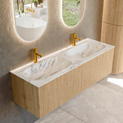 MONDIAZ KURVE-DLUX 140cm badmeubel kleur Oak met 2 lades en 0 deuren. Wastafel STOR SMALL Dubbel 2 kraangaten Glace.