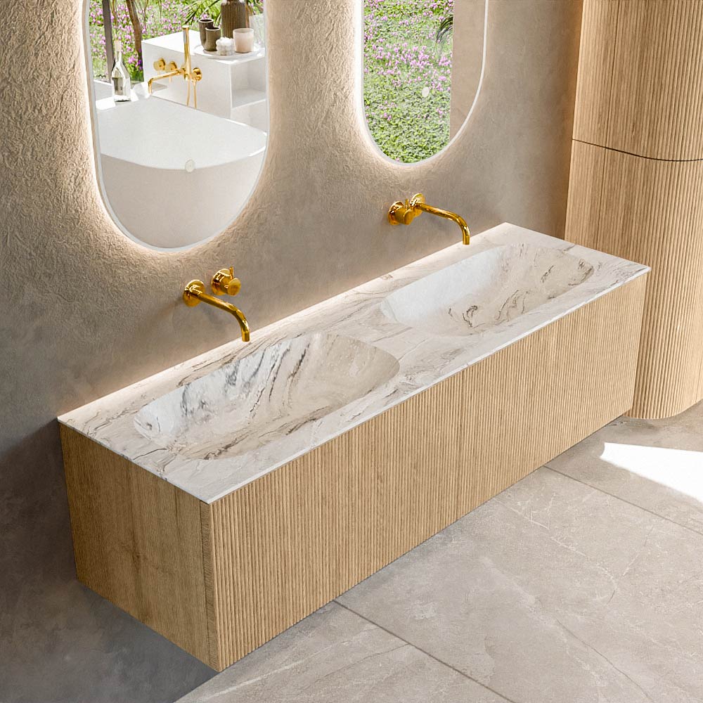 MONDIAZ KURVE-DLUX 150cm badmeubel kleur Oak met 2 lades en 0 deuren. Wastafel STOR SMALL Dubbel zonder kraangat Glace.