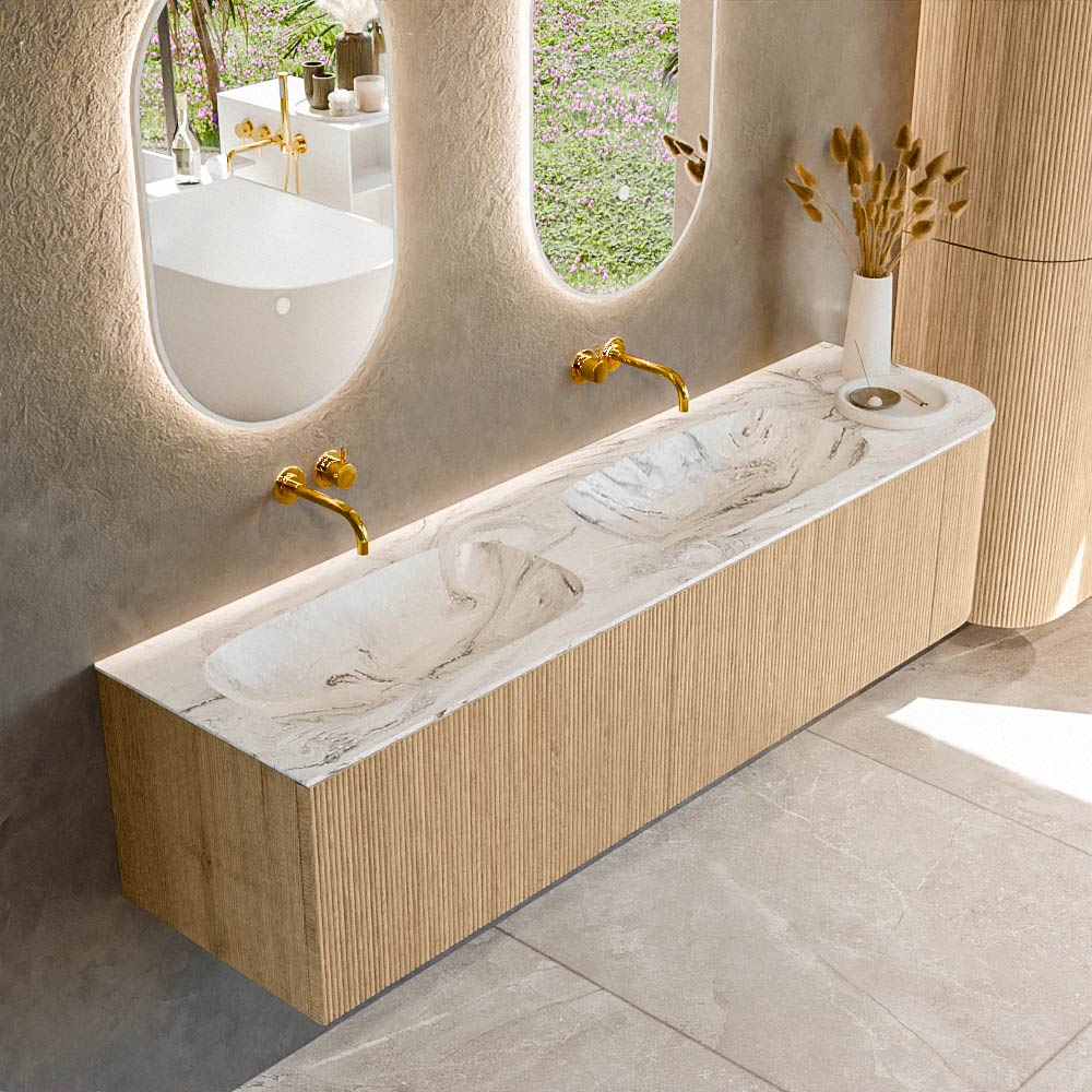 MONDIAZ KURVE-DLUX 175cm badmeubel ronding Rechts kleur Oak met 2 lades en 1 deur. Wastafel STOR SMALL Dubbel / Links zonder kraangat Glace.