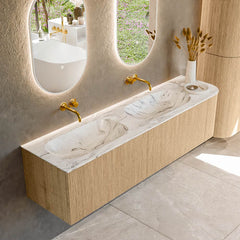 MONDIAZ KURVE-DLUX 175cm badmeubel ronding Rechts kleur Oak met 2 lades en 1 deur. Wastafel STOR SMALL Dubbel / Links zonder kraangat Glace.