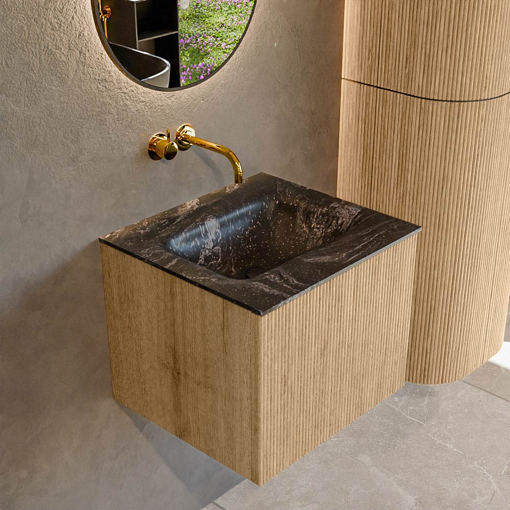 MONDIAZ KURVE-DLUX 50cm badmeubel kleur Oak met 1 lade en 0 deuren. Wastafel GRUNNE Midden zonder kraangat Lava.