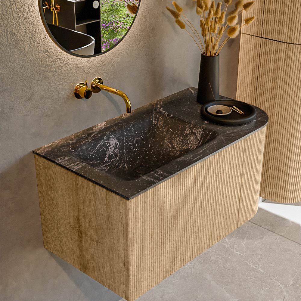 MONDIAZ KURVE-DLUX 85cm badmeubel ronding Rechts kleur Oak met 1 lade en 1 deur. Wastafel CLOUD Links zonder kraangat Lava.