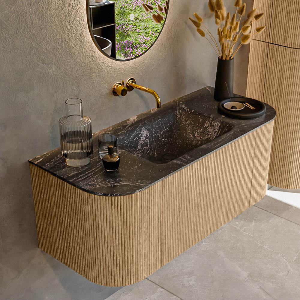 MONDIAZ KURVE-DLUX 110cm badmeubel ronding Links + Rechts kleur Oak met 1 lade en 2 deuren. Wastafel CLOUD Midden zonder kraangat Lava.