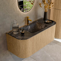 MONDIAZ KURVE-DLUX 110cm badmeubel ronding Links + Rechts kleur Oak met 1 lade en 2 deuren. Wastafel CLOUD Midden 1 kraangat Lava.