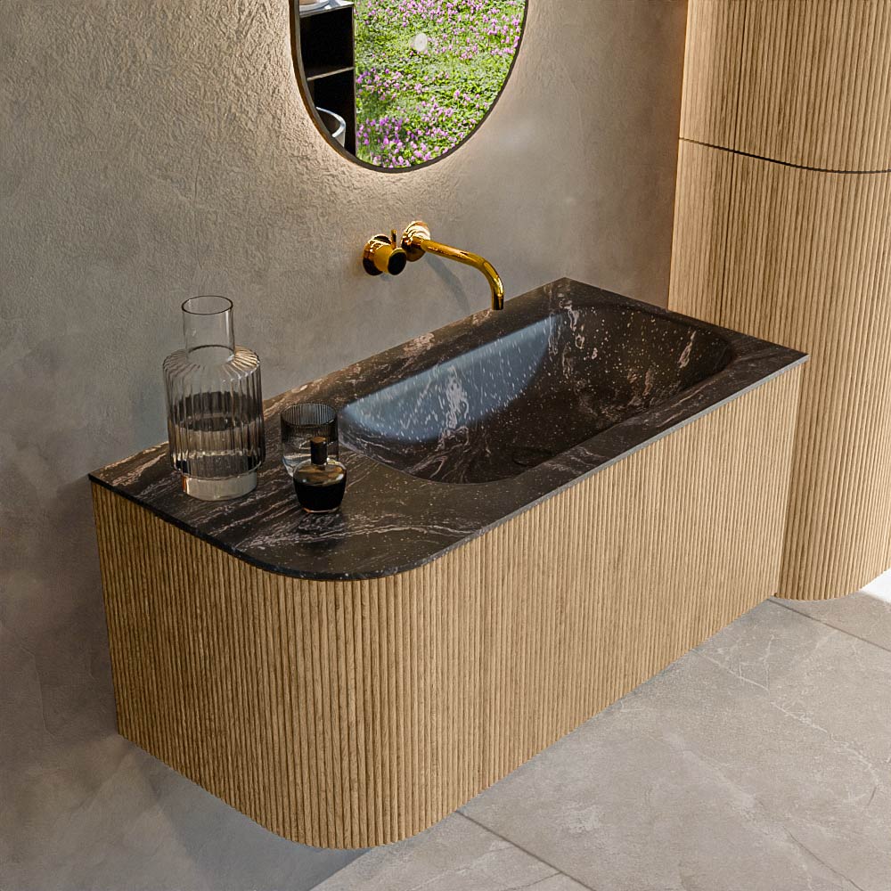 MONDIAZ KURVE-DLUX 95cm badmeubel ronding Links kleur Oak met 1 lade en 1 deur. Wastafel BIG SMALL Rechts zonder kraangat Lava.