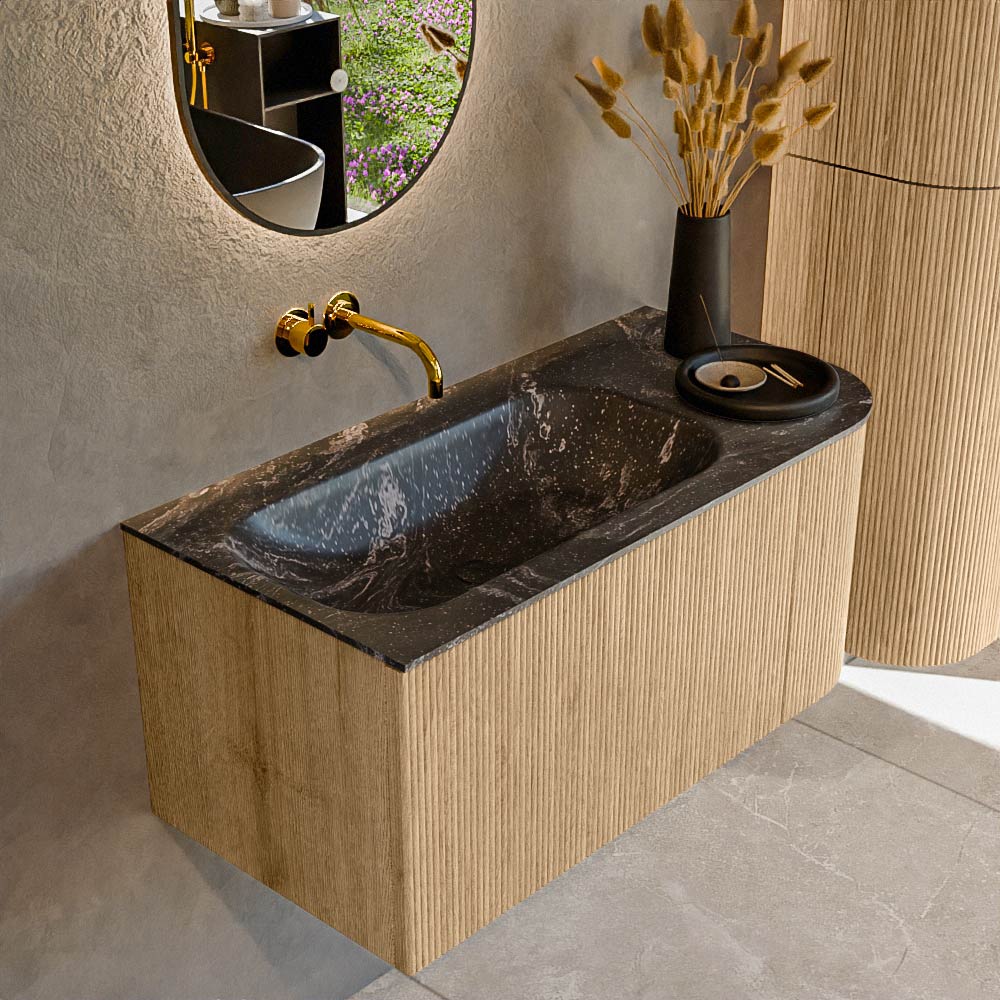 MONDIAZ KURVE-DLUX 95cm badmeubel ronding Rechts kleur Oak met 1 lade en 1 deur. Wastafel BIG SMALL Links zonder kraangat Lava.