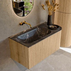 MONDIAZ KURVE-DLUX 95cm badmeubel ronding Rechts kleur Oak met 1 lade en 1 deur. Wastafel BIG SMALL Links zonder kraangat Lava.