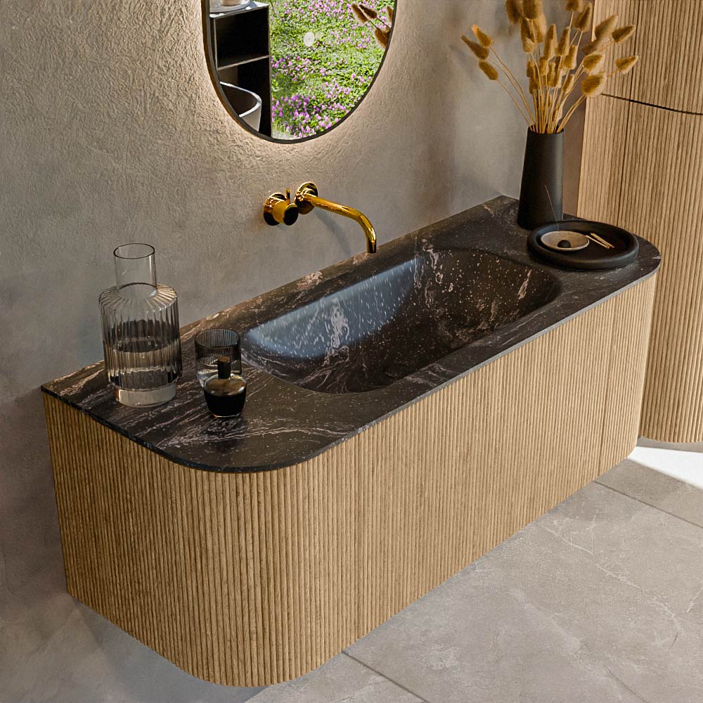 MONDIAZ KURVE-DLUX 120cm badmeubel ronding Links + Rechts kleur Oak met 1 lade en 2 deuren. Wastafel BIG SMALL Midden zonder kraangat Lava.