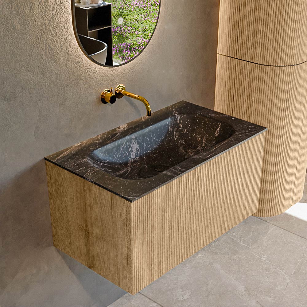 MONDIAZ KURVE-DLUX 80cm badmeubel kleur Oak met 1 lade en 0 deuren. Wastafel BIG SMALL Midden zonder kraangat Lava.