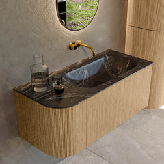 MONDIAZ KURVE-DLUX 105cm badmeubel ronding Links kleur Oak met 1 lade en 1 deur. Wastafel BIG SMALL Rechts zonder kraangat Lava.