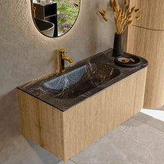 MONDIAZ KURVE-DLUX 105cm badmeubel ronding Rechts kleur Oak met 1 lade en 1 deur. Wastafel BIG SMALL Links 1 kraangat Lava.