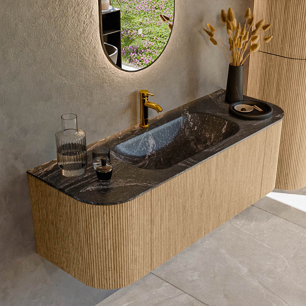 MONDIAZ KURVE-DLUX 130cm badmeubel ronding Links + Rechts kleur Oak met 1 lade en 2 deuren. Wastafel BIG SMALL Midden 1 kraangat Lava.