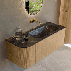 MONDIAZ KURVE-DLUX 115cm badmeubel ronding Links kleur Oak met 1 lade en 1 deur. Wastafel BIG SMALL Rechts zonder kraangat Lava.