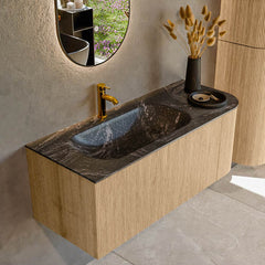 MONDIAZ KURVE-DLUX 115cm badmeubel ronding Rechts kleur Oak met 1 lade en 1 deur. Wastafel BIG SMALL Links 1 kraangat Lava.
