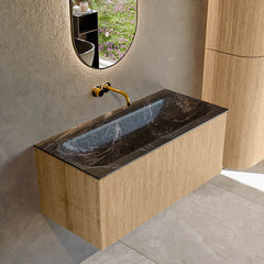 MONDIAZ KURVE-DLUX 100cm badmeubel kleur Oak met 1 lade en 0 deuren. Wastafel BIG MEDIUM Midden zonder kraangat Lava.
