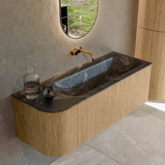 MONDIAZ KURVE-DLUX 125cm badmeubel ronding Links kleur Oak met 1 lade en 1 deur. Wastafel BIG MEDIUM Rechts zonder kraangat Lava.