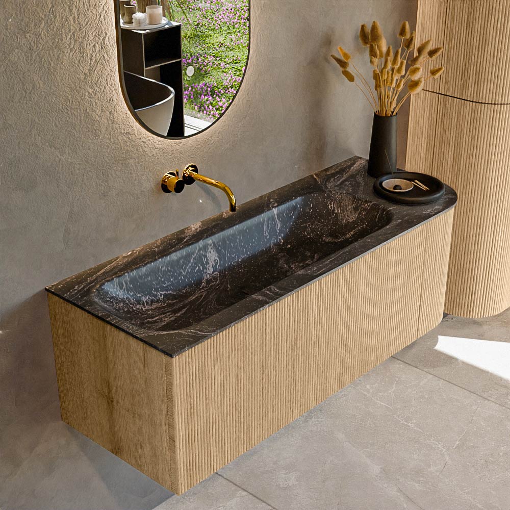 MONDIAZ KURVE-DLUX 125cm badmeubel ronding Rechts kleur Oak met 1 lade en 1 deur. Wastafel BIG MEDIUM Links zonder kraangat Lava.