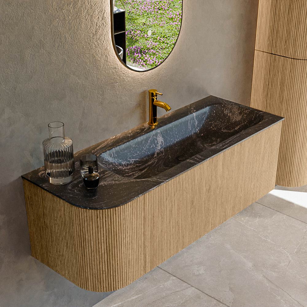 MONDIAZ KURVE-DLUX 125cm badmeubel ronding Links kleur Oak met 1 lade en 1 deur. Wastafel BIG MEDIUM Rechts 1 kraangat Lava.