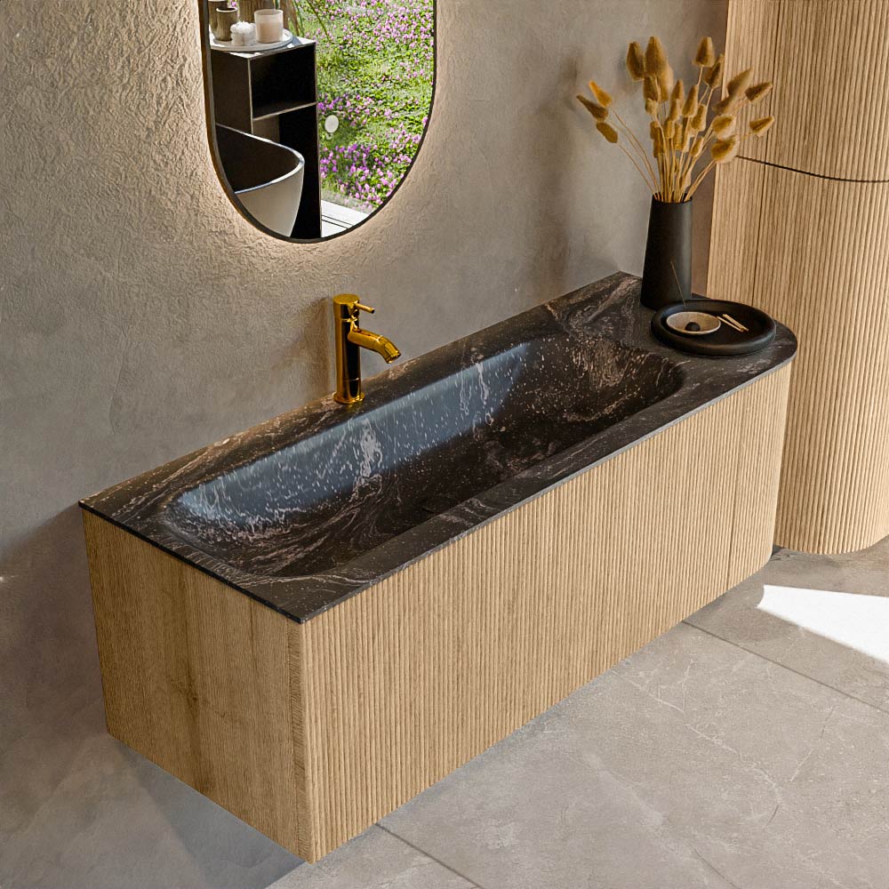 MONDIAZ KURVE-DLUX 125cm badmeubel ronding Rechts kleur Oak met 1 lade en 1 deur. Wastafel BIG MEDIUM Links 1 kraangat Lava.