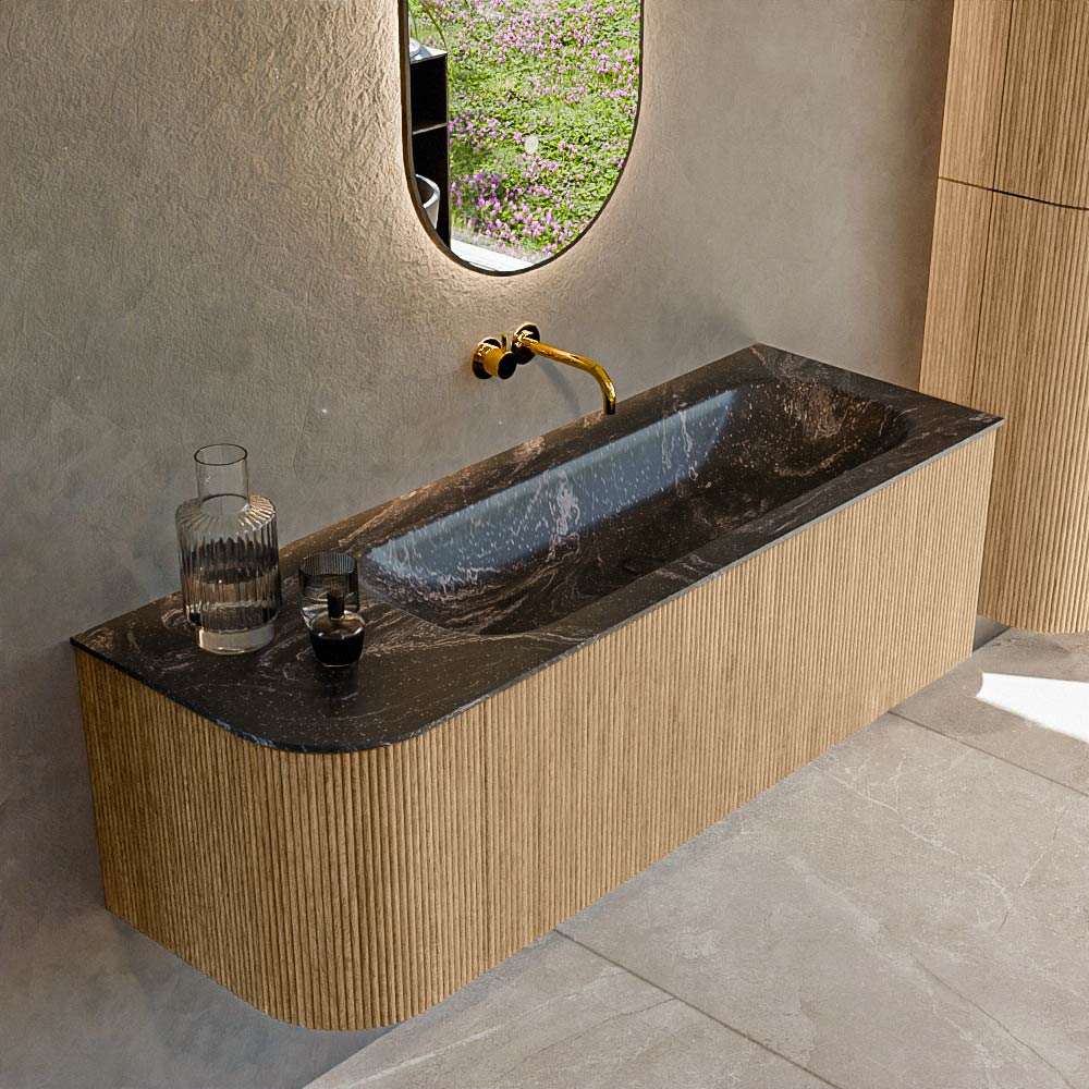 MONDIAZ KURVE-DLUX 135cm badmeubel ronding Links kleur Oak met 1 lade en 1 deur. Wastafel BIG MEDIUM Rechts zonder kraangat Lava.