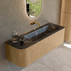 MONDIAZ KURVE-DLUX 135cm badmeubel ronding Links kleur Oak met 1 lade en 1 deur. Wastafel BIG MEDIUM Rechts zonder kraangat Lava.