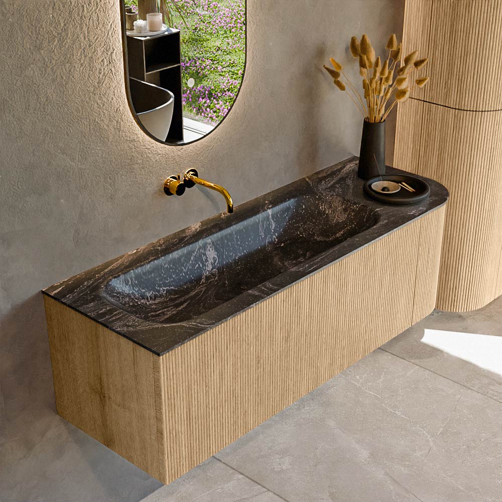 MONDIAZ KURVE-DLUX 135cm badmeubel ronding Rechts kleur Oak met 1 lade en 1 deur. Wastafel BIG MEDIUM Links zonder kraangat Lava.