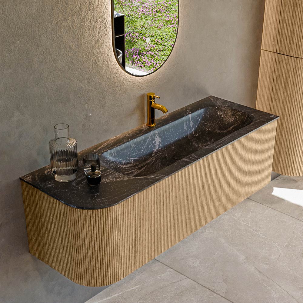 MONDIAZ KURVE-DLUX 135cm badmeubel ronding Links kleur Oak met 1 lade en 1 deur. Wastafel BIG MEDIUM Rechts 1 kraangat Lava.